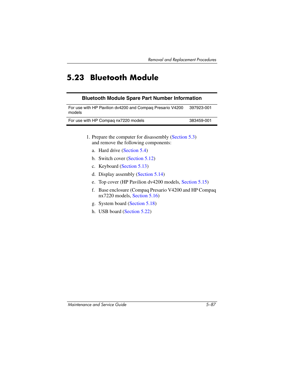 23 bluetooth module, 23 bluetooth module –87 | HP V4200 User Manual | Page 193 / 273