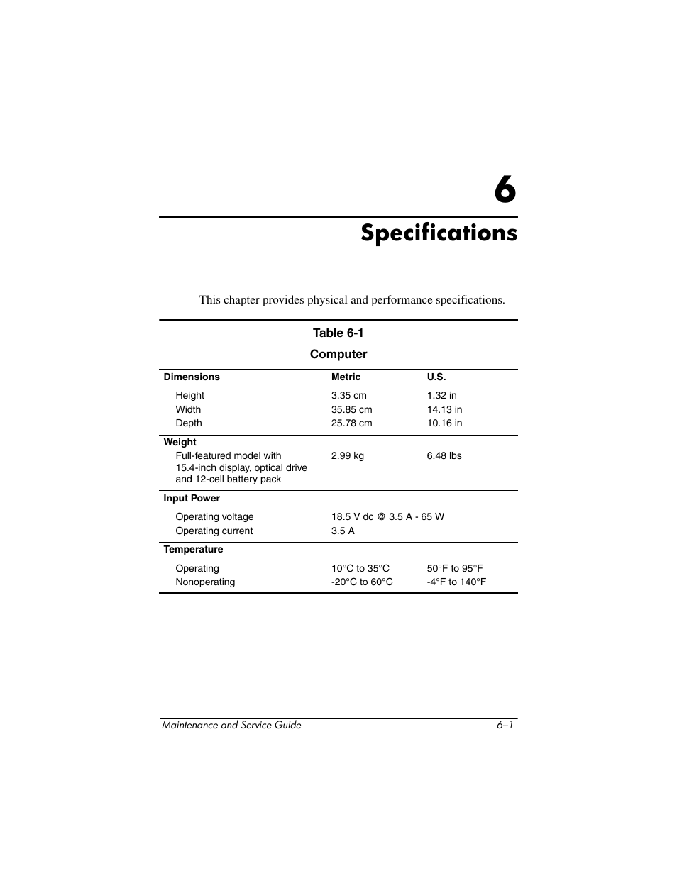 Specifications, 6 specifications | HP V4200 User Manual | Page 195 / 273