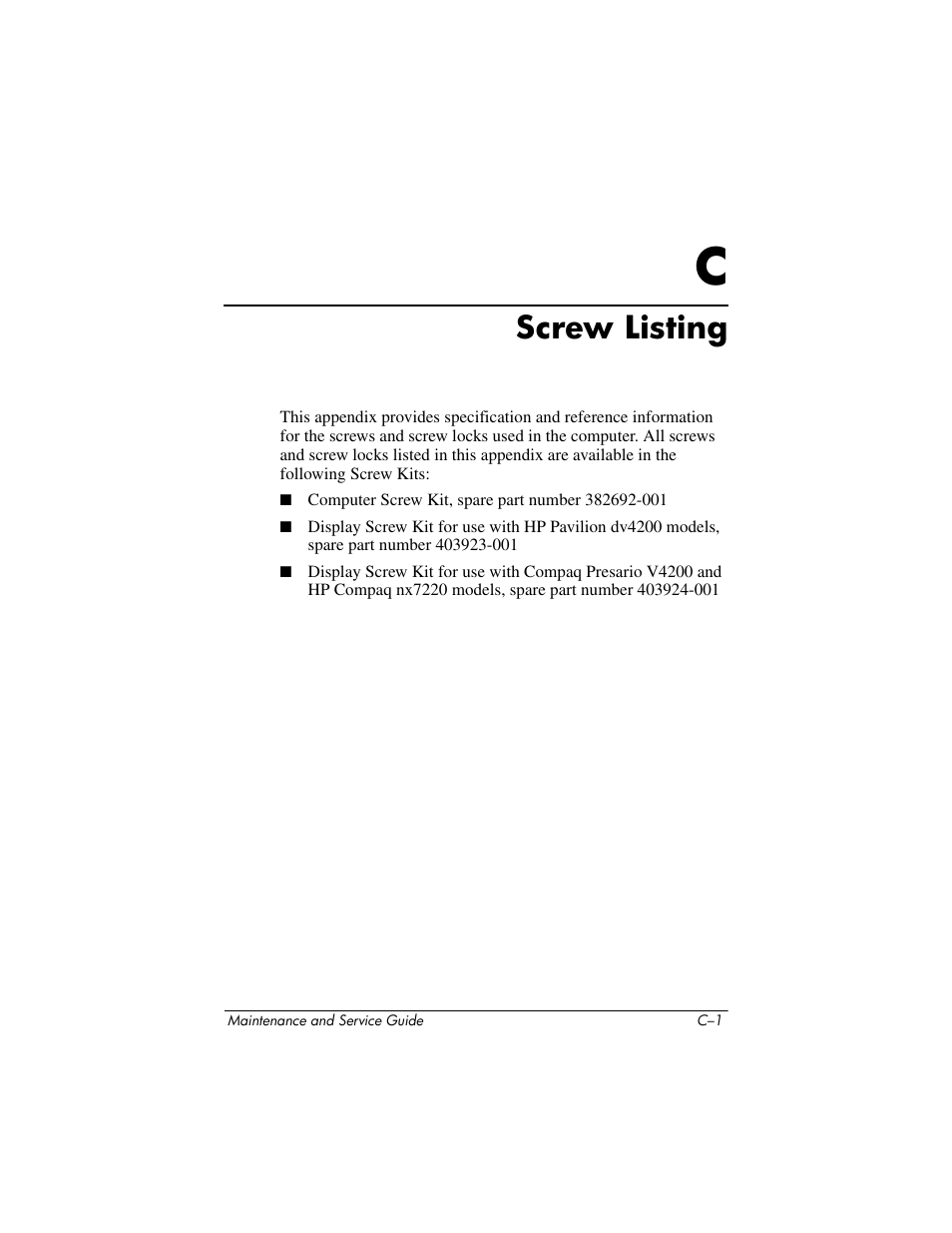 Screw listing, C screw listing | HP V4200 User Manual | Page 221 / 273