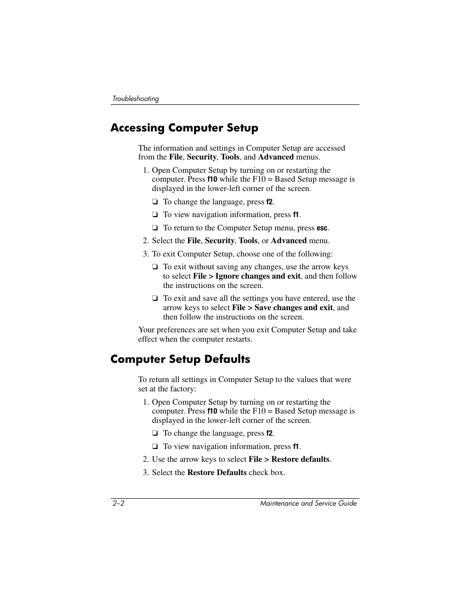 Accessing computer setup, Computer setup defaults | HP V4200 User Manual | Page 34 / 273