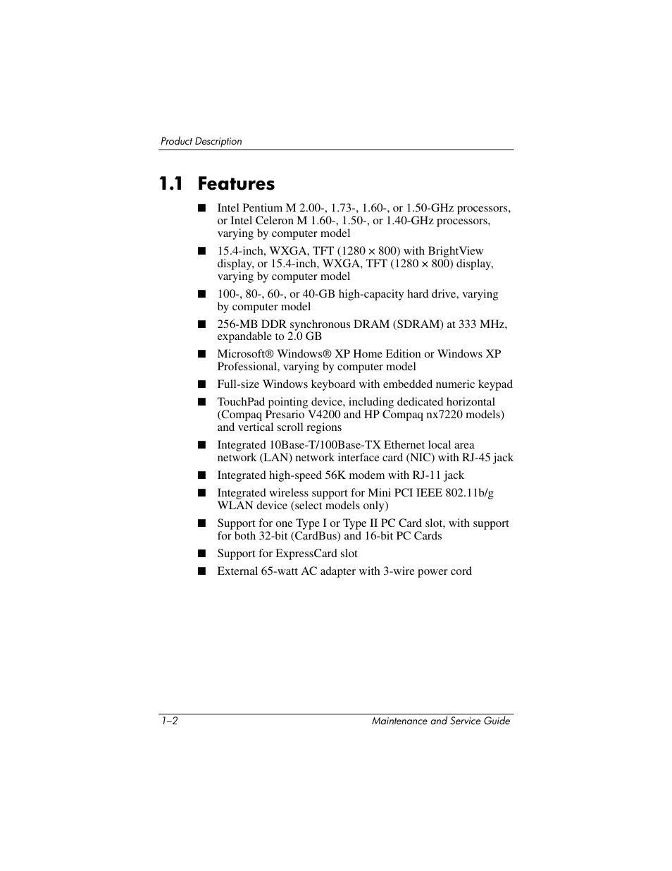 1 features, 1 features –2 | HP V4200 User Manual | Page 8 / 273