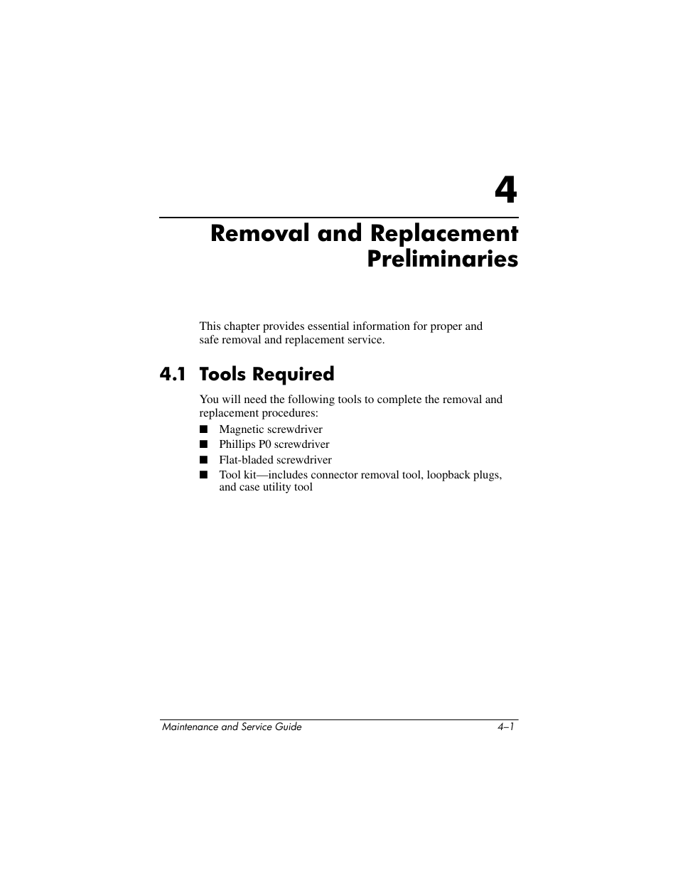 Removal and replacement preliminaries, 1 tools required, 4 removal and replacement preliminaries | 1 tools required –1 | HP V4200 User Manual | Page 99 / 273