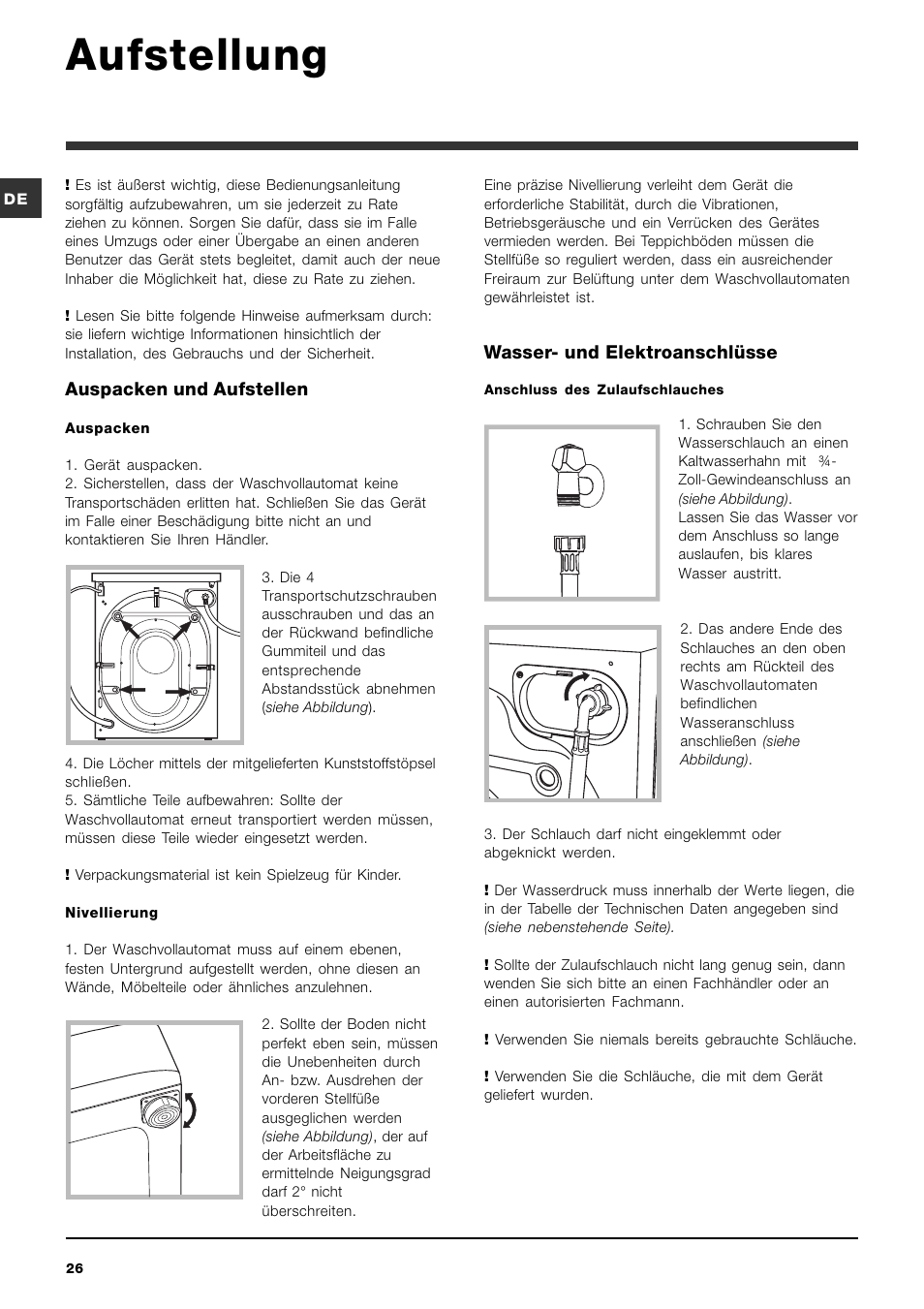 Aufstellung, Auspacken und aufstellen, Wasser- und elektroanschlüsse | Indesit PWE 8148S User Manual | Page 26 / 84