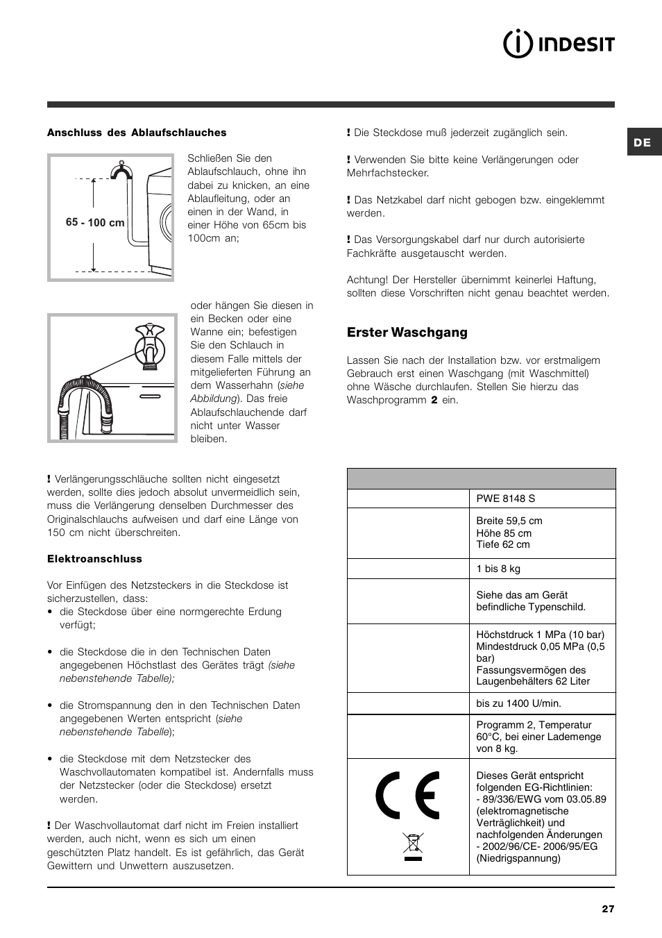 Erster waschgang | Indesit PWE 8148S User Manual | Page 27 / 84