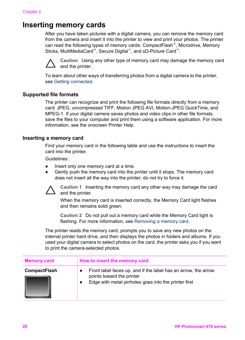 Inserting memory cards, Supported file formats, Inserting a memory card | HP 470 series User Manual | Page 25 / 77