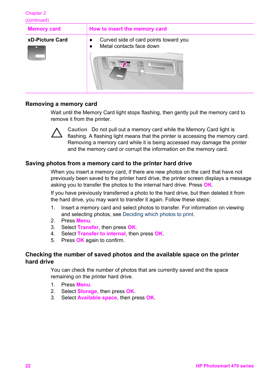 Removing a memory card, Saving photos from a memory card to the printer, Hard drive | HP 470 series User Manual | Page 27 / 77