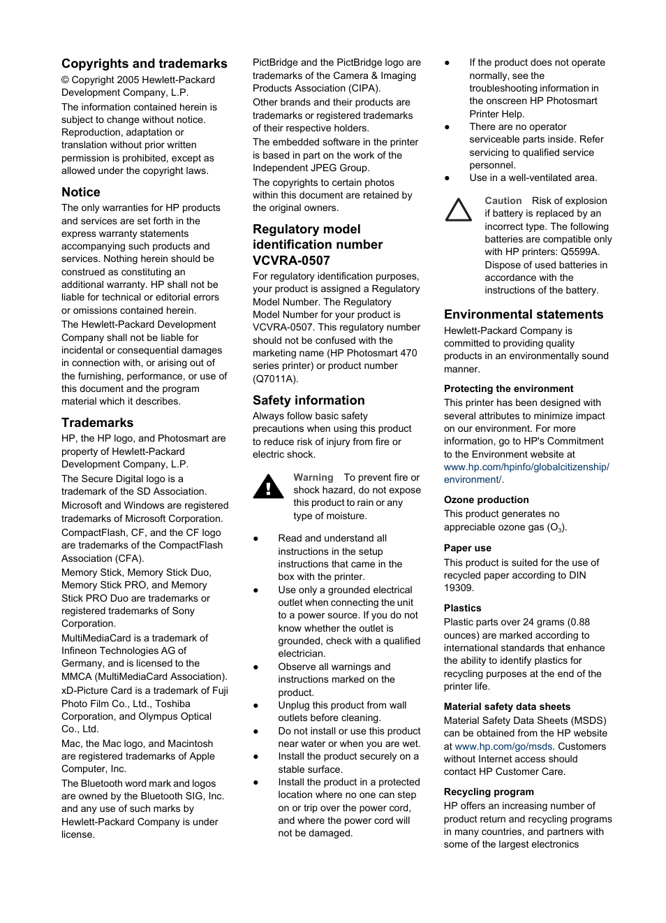 Copyrights and trademarks, Notice, Trademarks | Regulatory model identification number vcvra-0507, Safety information, Environmental statements | HP 470 series User Manual | Page 3 / 77