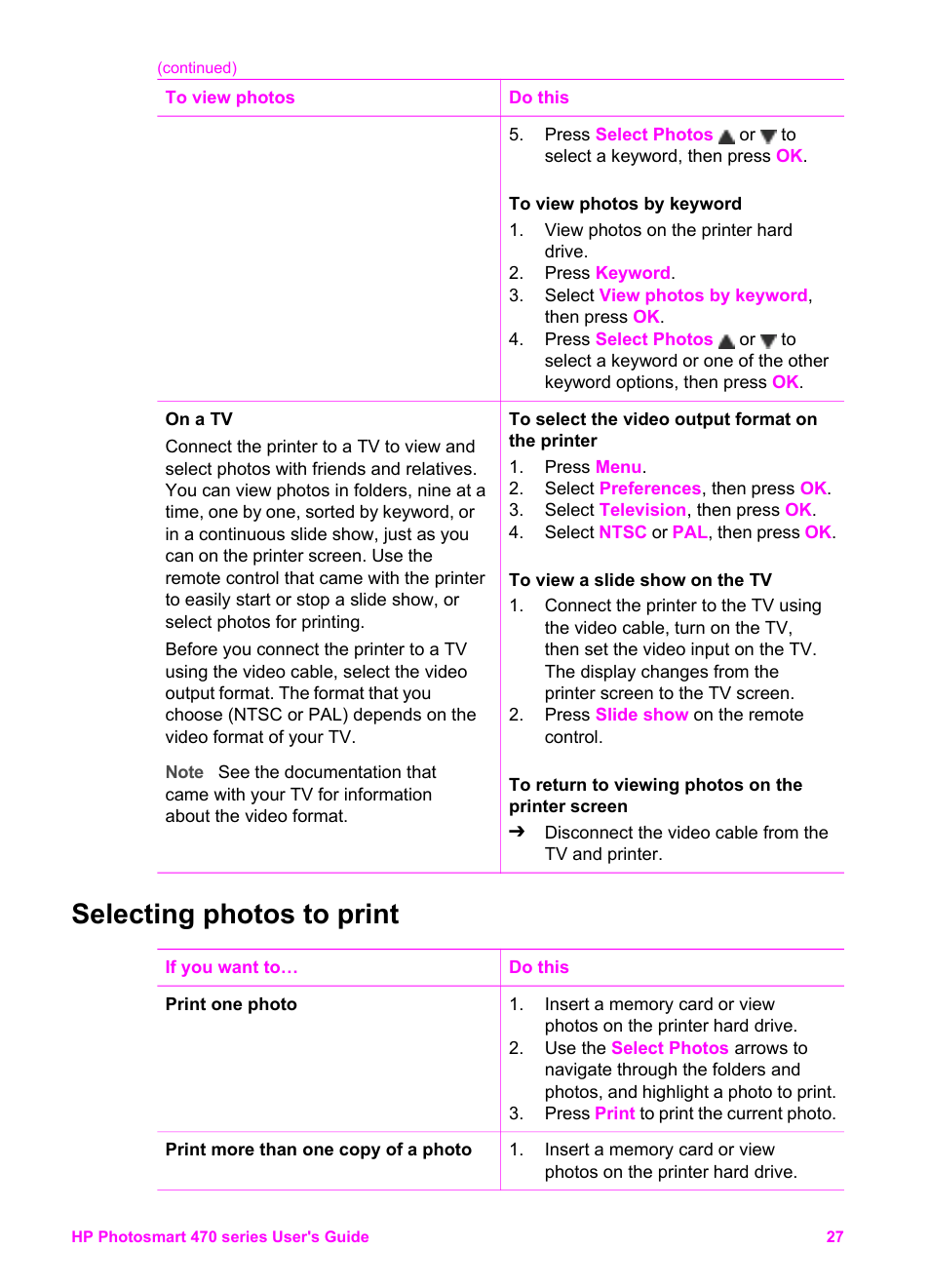 Selecting photos to print, To view a, Slide show on the tv | HP 470 series User Manual | Page 32 / 77