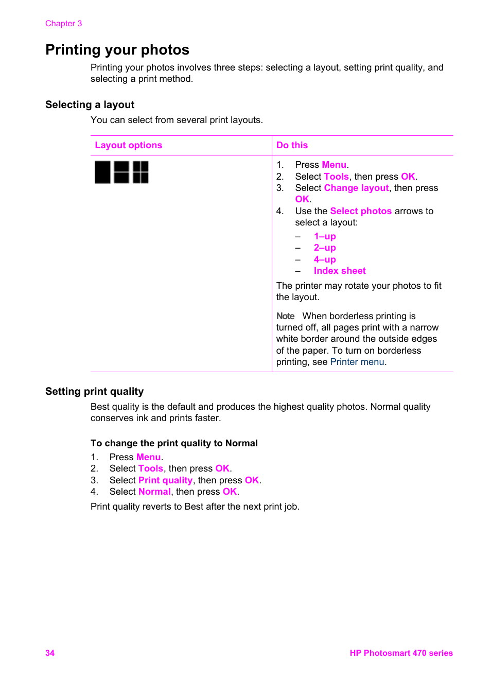 Printing your photos, Selecting a layout, Setting print quality | HP 470 series User Manual | Page 39 / 77