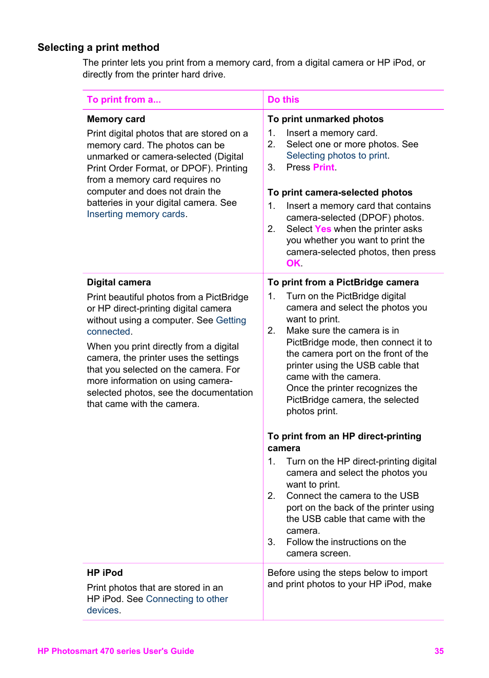 Selecting a print method | HP 470 series User Manual | Page 40 / 77