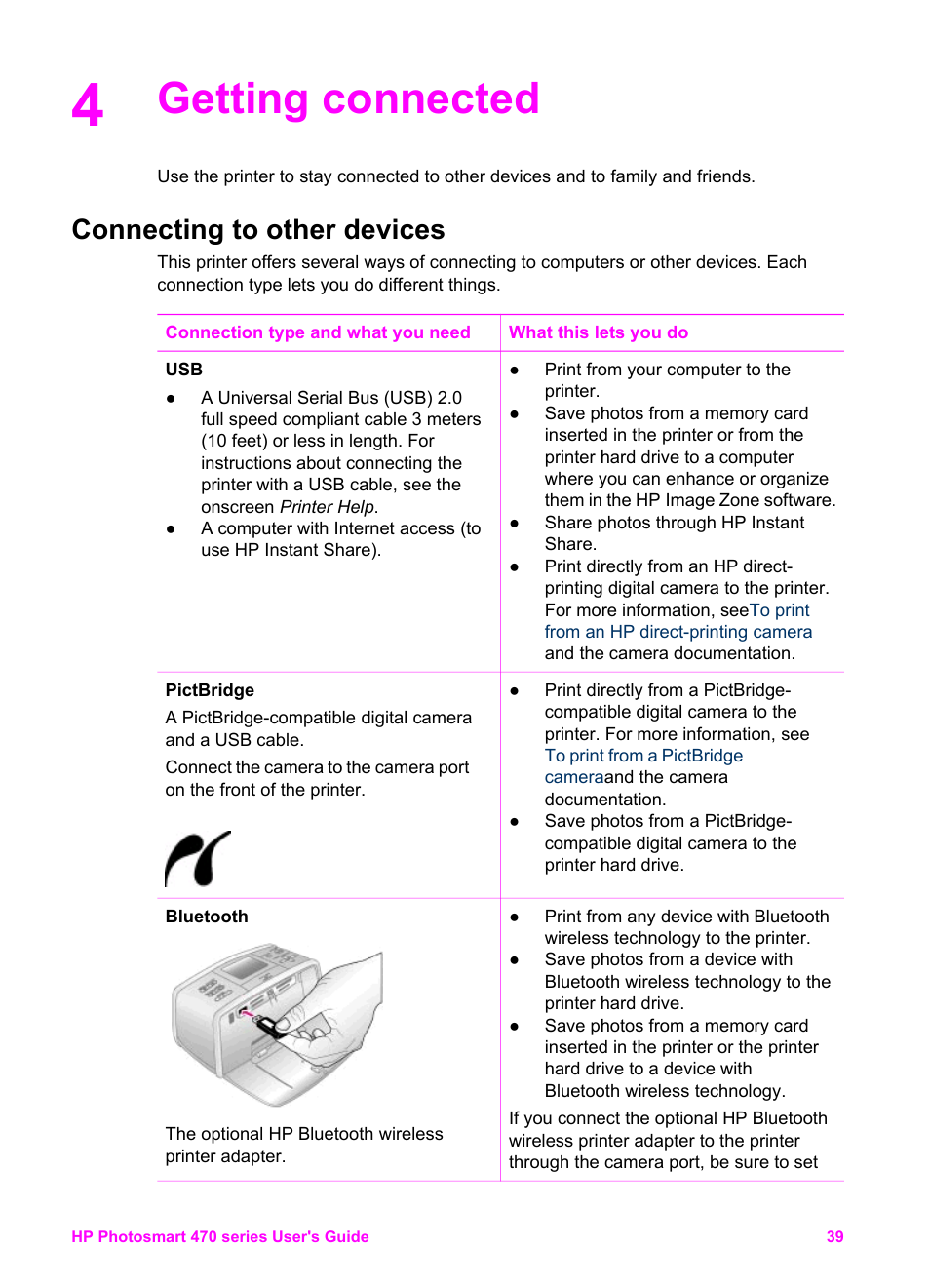 Getting connected, Connecting to other devices, Getting | Connected, Connecting to other, Devices | HP 470 series User Manual | Page 44 / 77