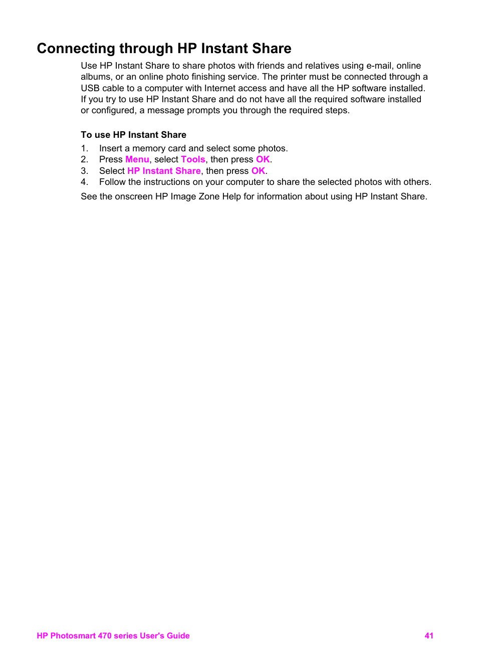 Connecting through hp instant share | HP 470 series User Manual | Page 46 / 77