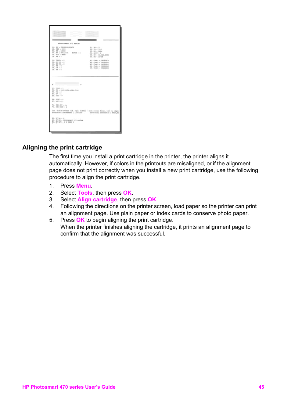 Aligning the print cartridge | HP 470 series User Manual | Page 50 / 77