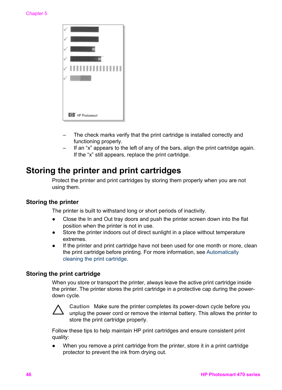 Storing the printer and print cartridges, Storing the printer, Storing the print cartridge | Storing the printer storing the print cartridge | HP 470 series User Manual | Page 51 / 77