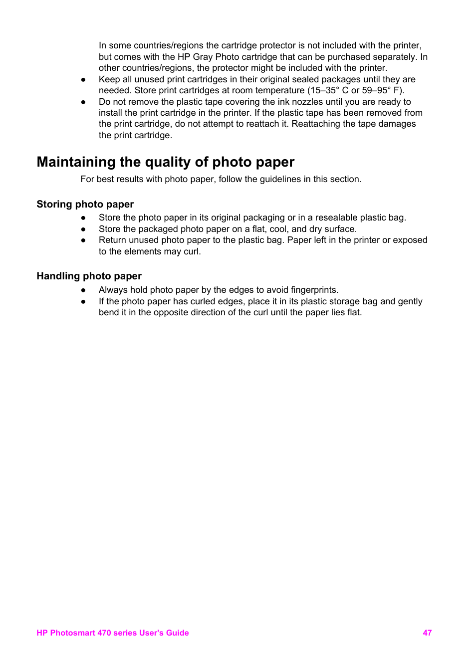 Maintaining the quality of photo paper, Storing photo paper, Handling photo paper | Storing photo paper handling photo paper | HP 470 series User Manual | Page 52 / 77