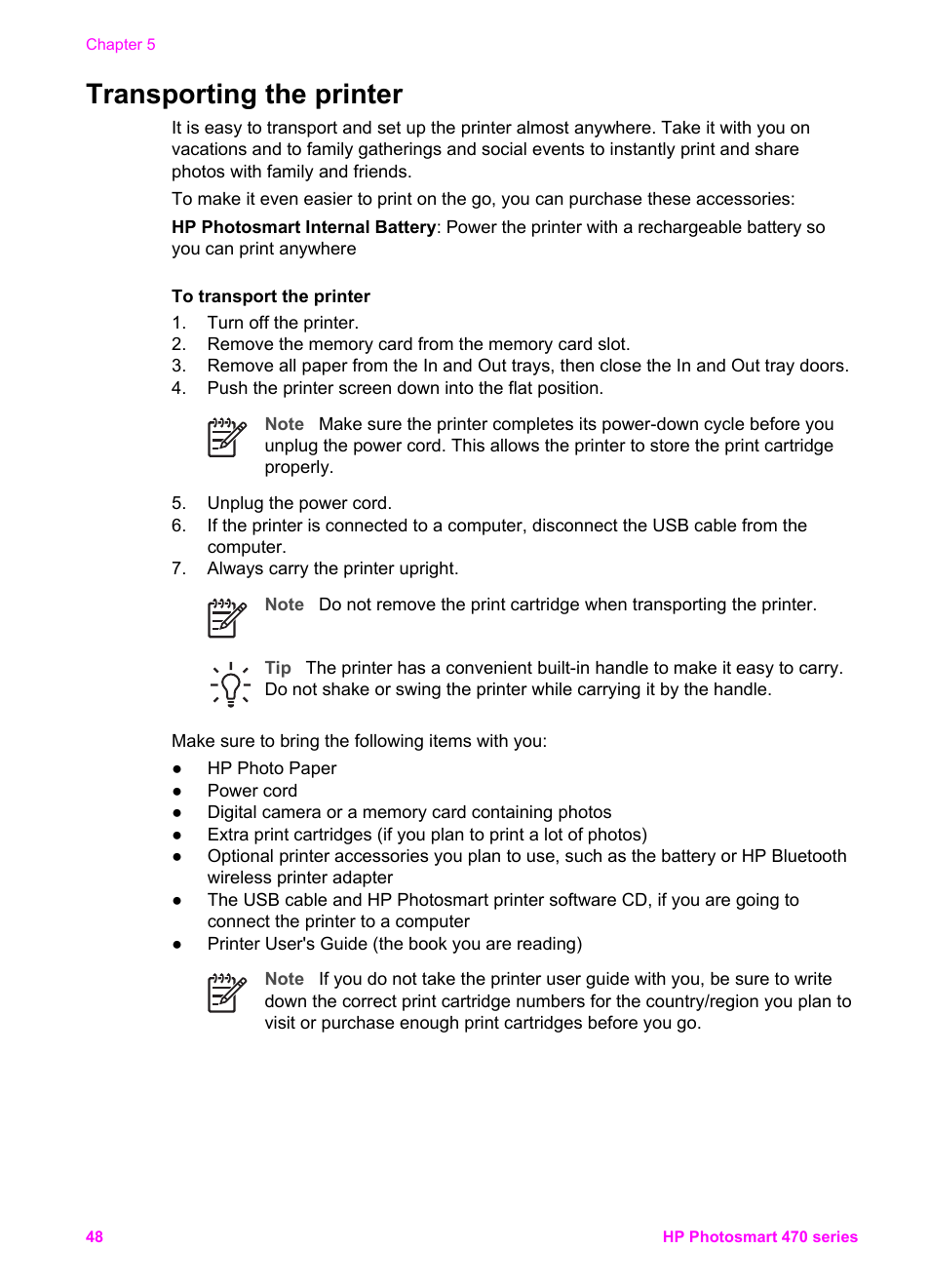 Transporting the printer | HP 470 series User Manual | Page 53 / 77
