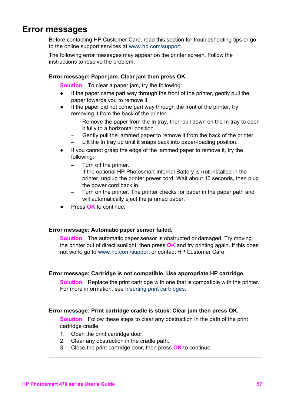 Error messages | HP 470 series User Manual | Page 62 / 77