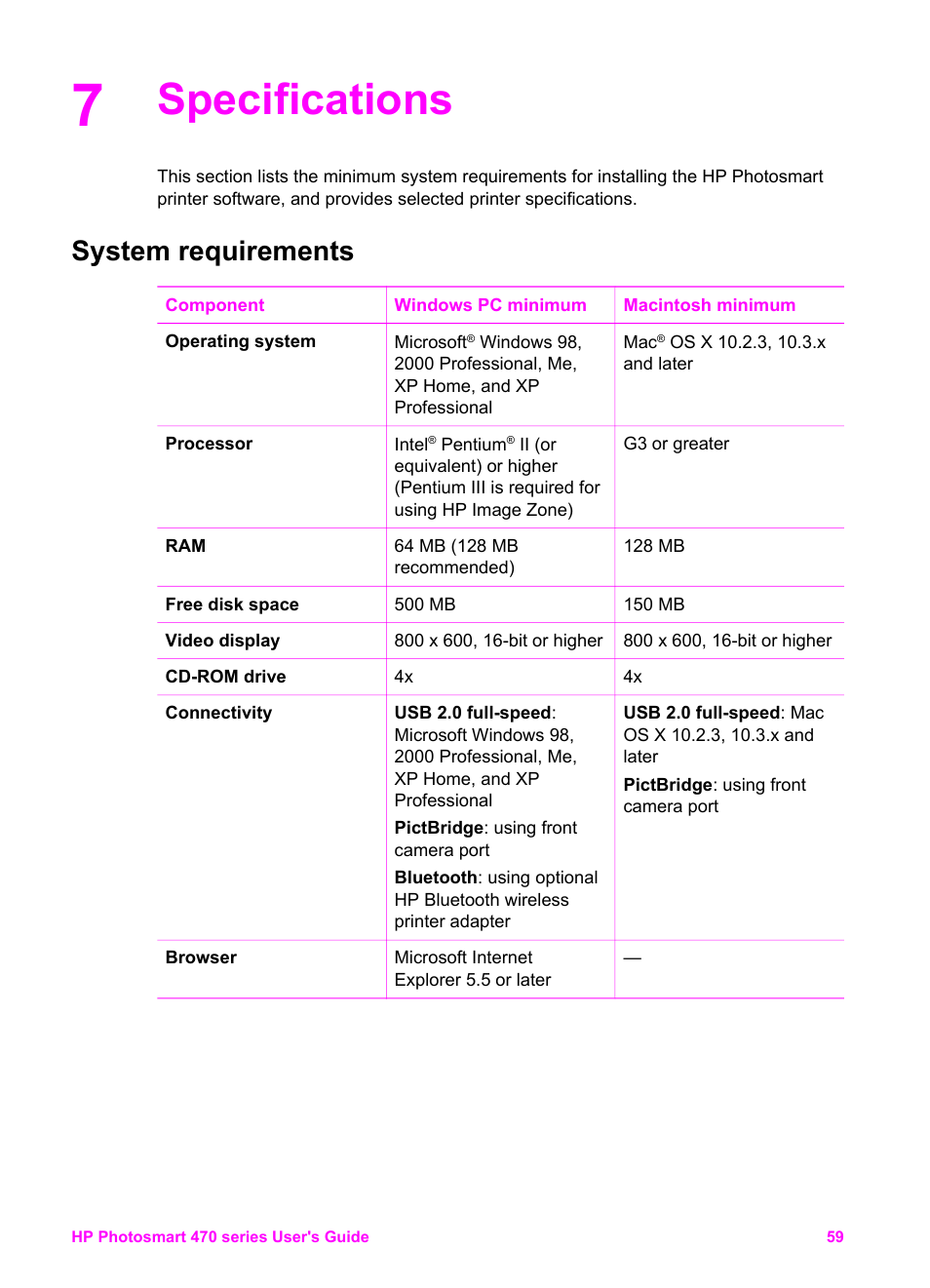 Specifications, System requirements | HP 470 series User Manual | Page 64 / 77