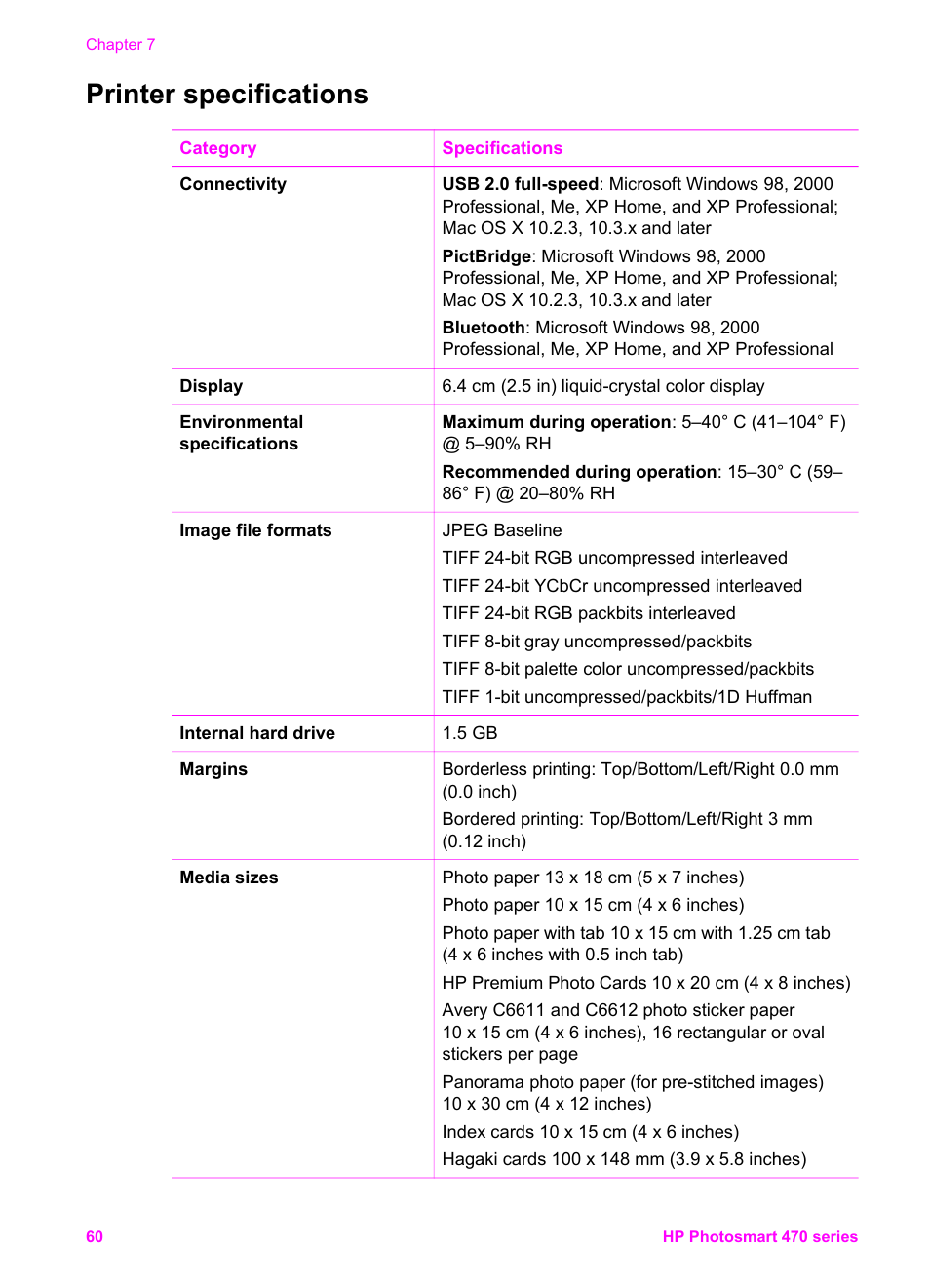 Printer specifications | HP 470 series User Manual | Page 65 / 77