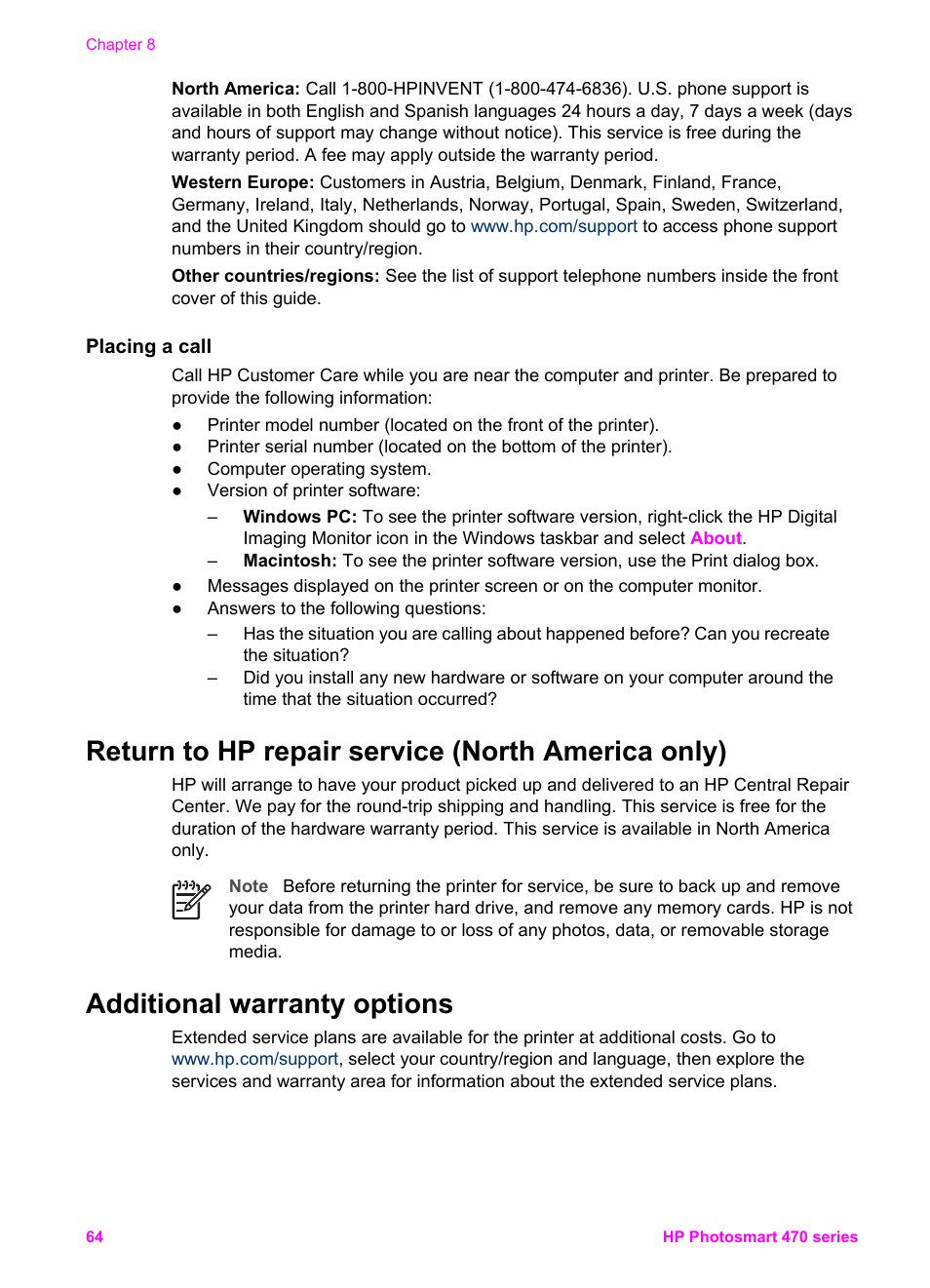 Placing a call, Return to hp repair service (north america only), Additional warranty options | HP 470 series User Manual | Page 69 / 77