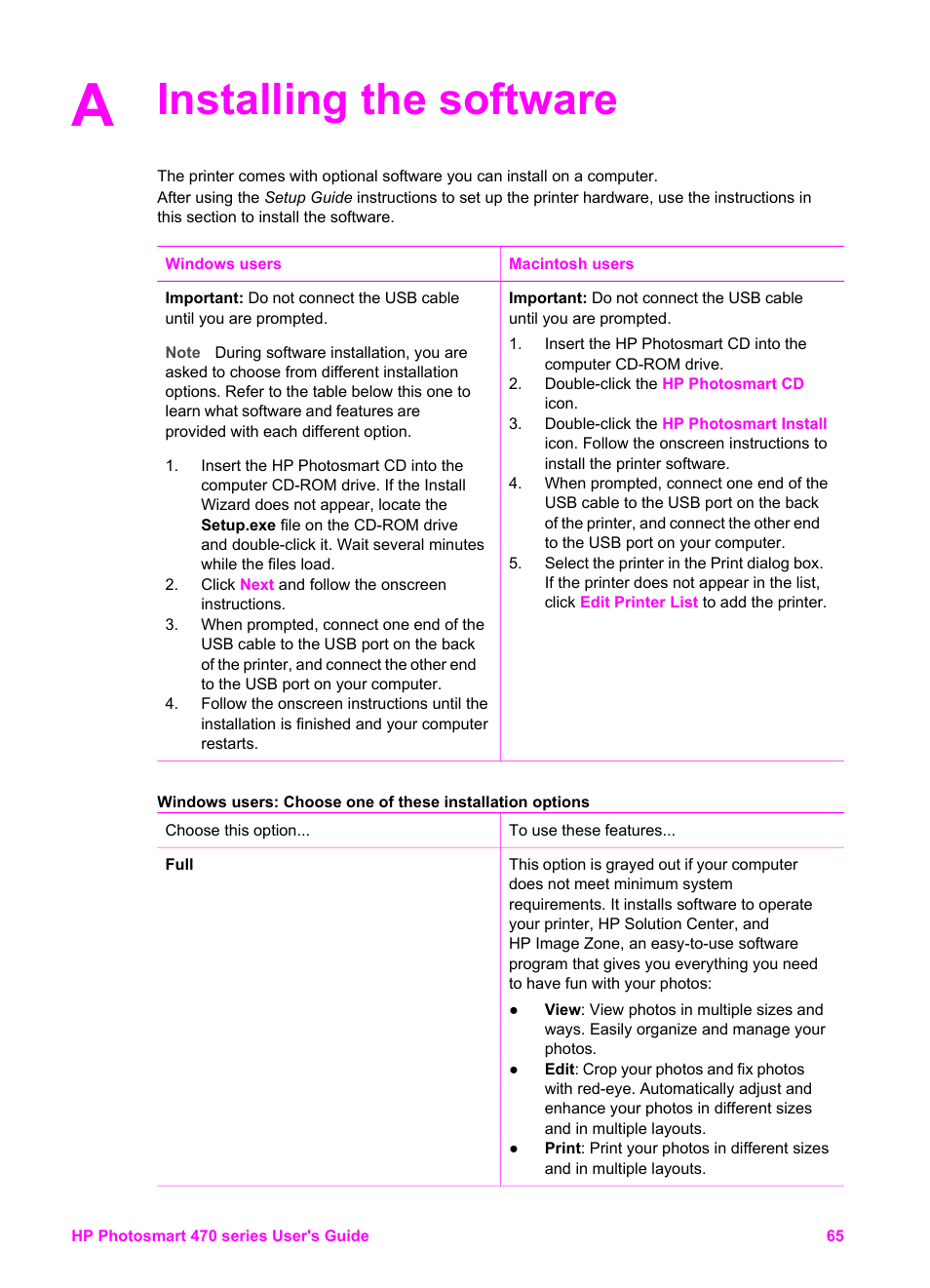 Installing the software | HP 470 series User Manual | Page 70 / 77