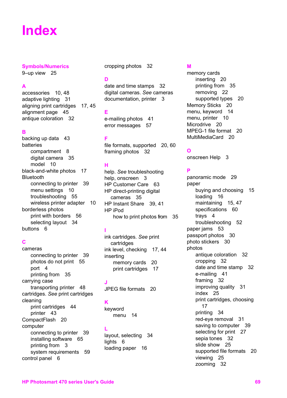 Index | HP 470 series User Manual | Page 74 / 77