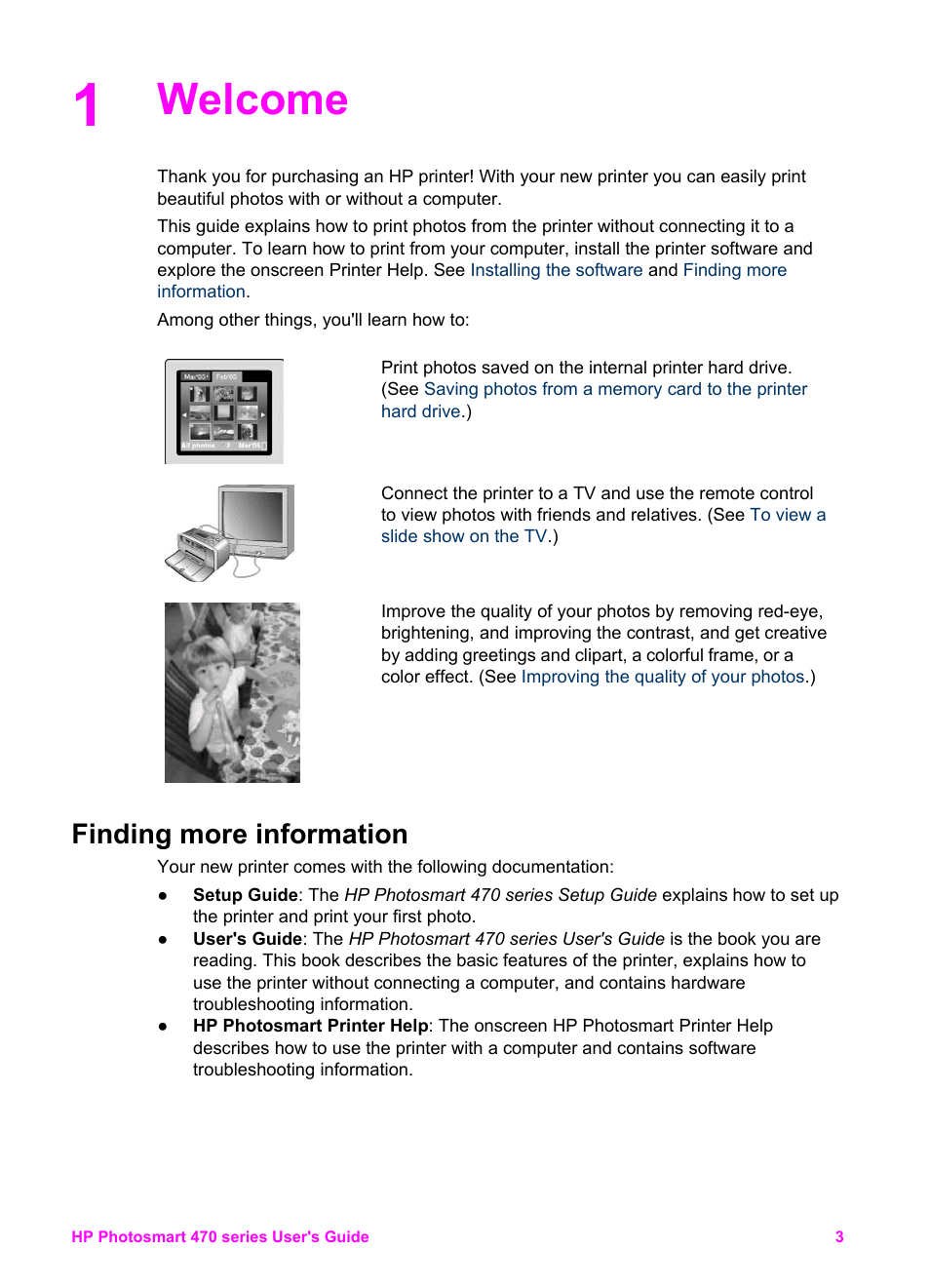 Welcome, Finding more information | HP 470 series User Manual | Page 8 / 77