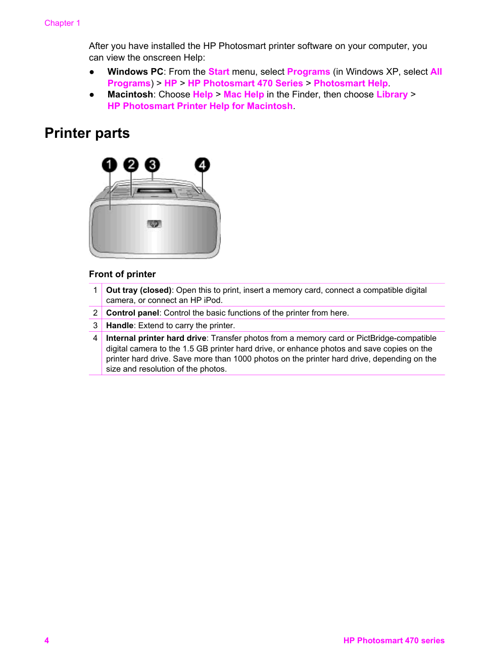 Printer parts | HP 470 series User Manual | Page 9 / 77