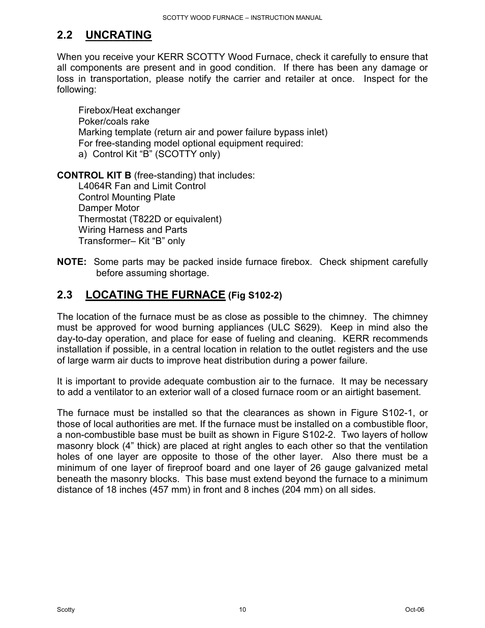 2 uncrating, 3 locating the furnace | HP DB-102 User Manual | Page 10 / 24