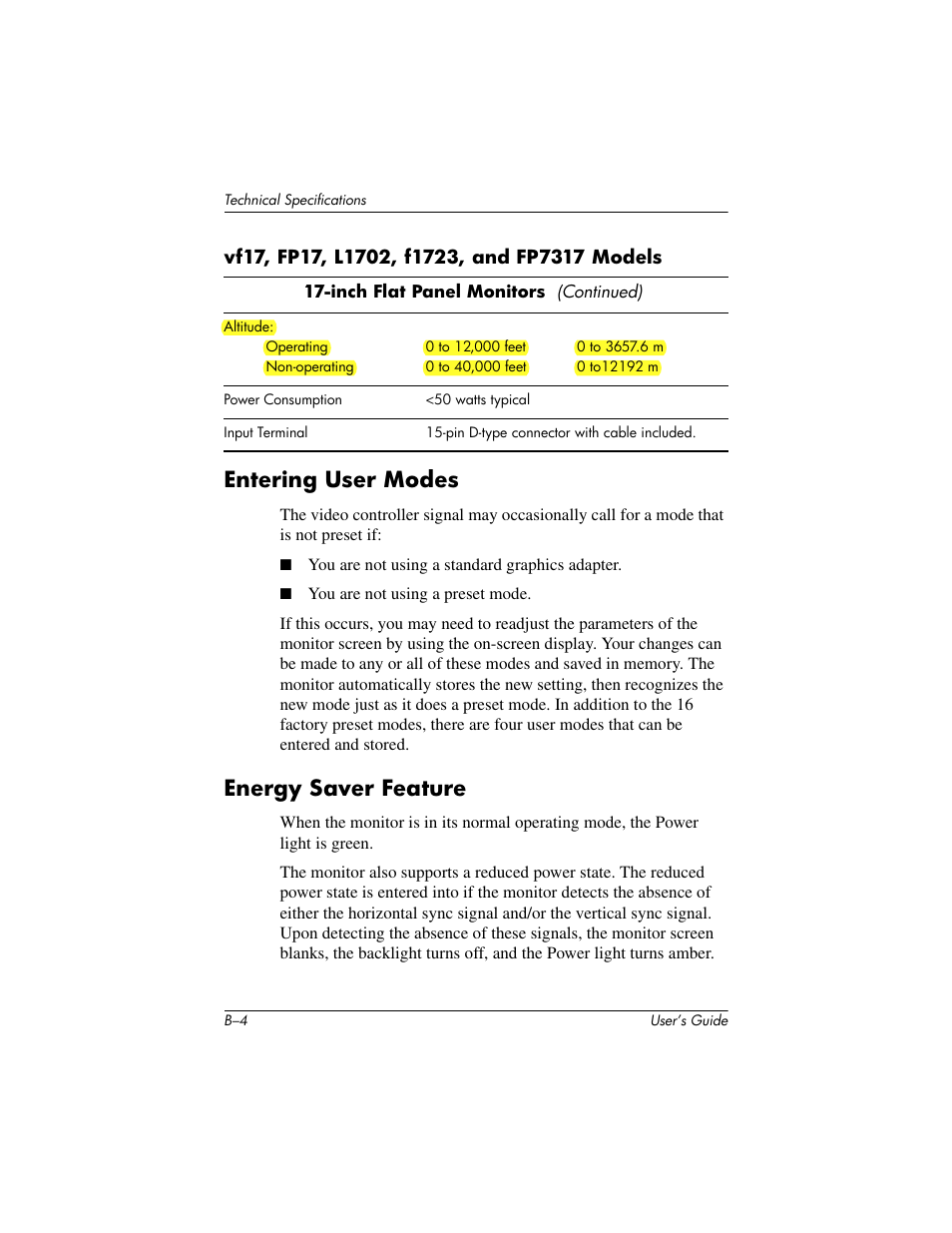 Entering user modes, Energy saver feature | HP FP7317 User Manual | Page 37 / 45