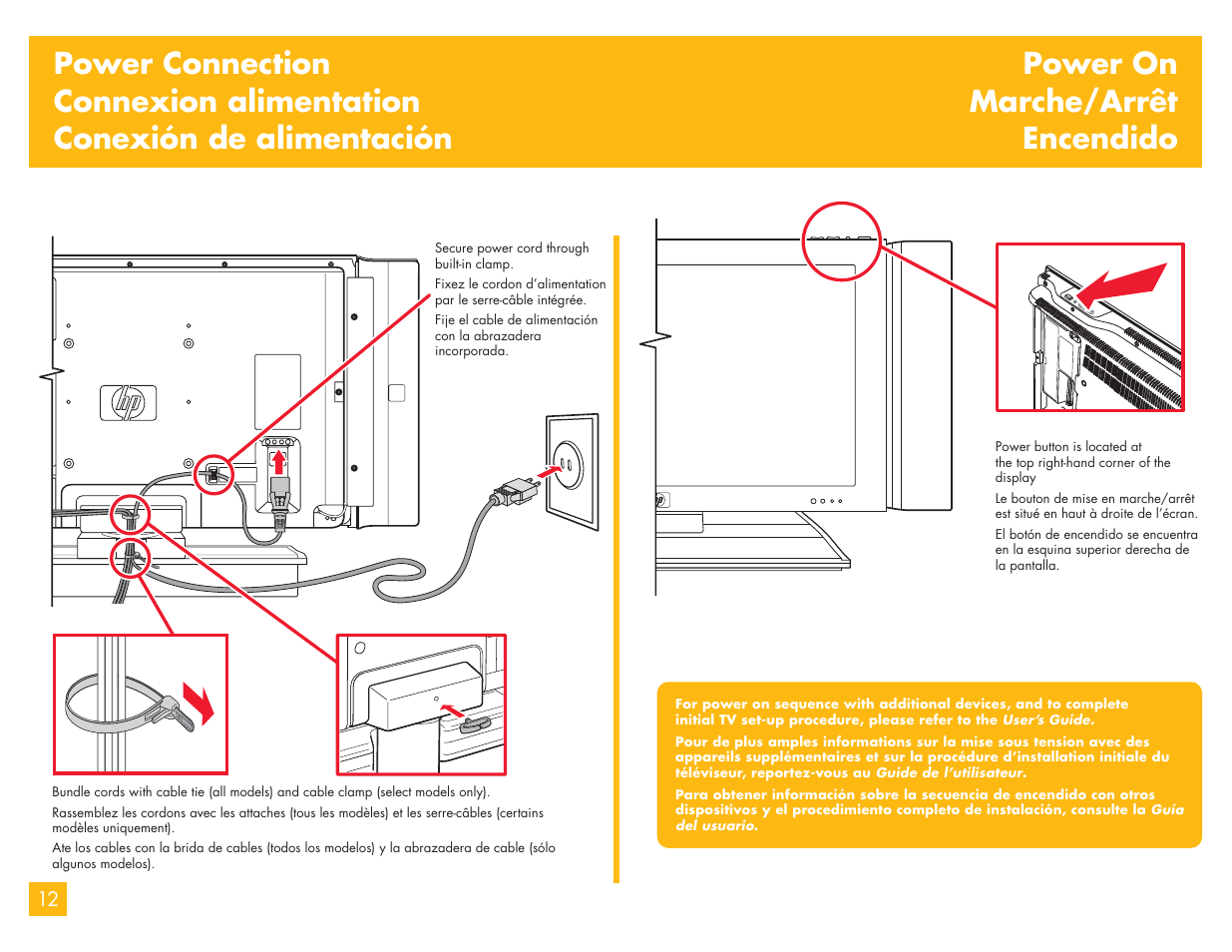 Power connection, Power on, Power on marche/arrêt encendido | HP LC3700N User Manual | Page 109 / 118