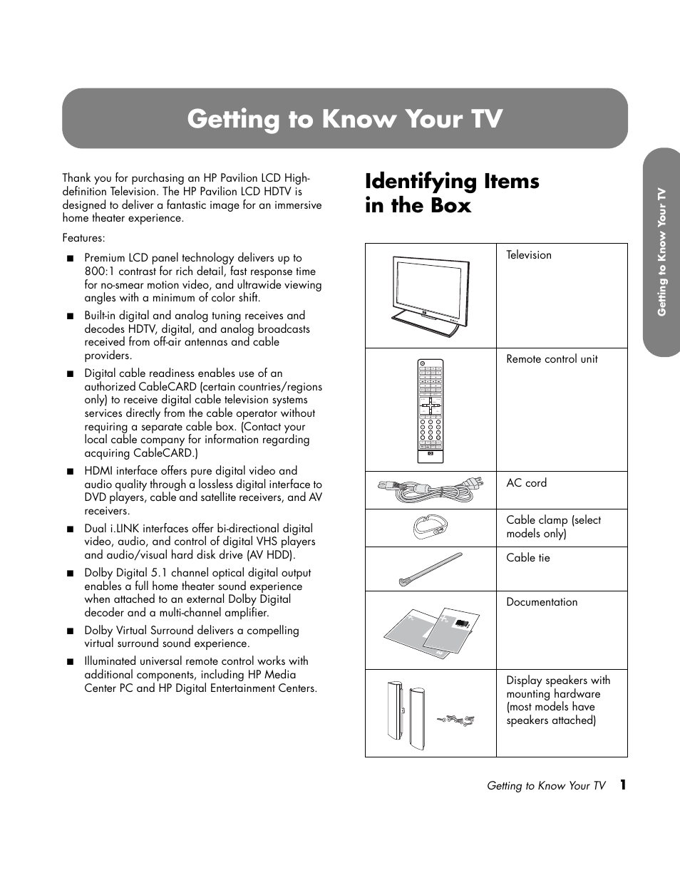 Supplied accessories, Getting to know your tv, Identifying items in the box | HP LC3700N User Manual | Page 11 / 118