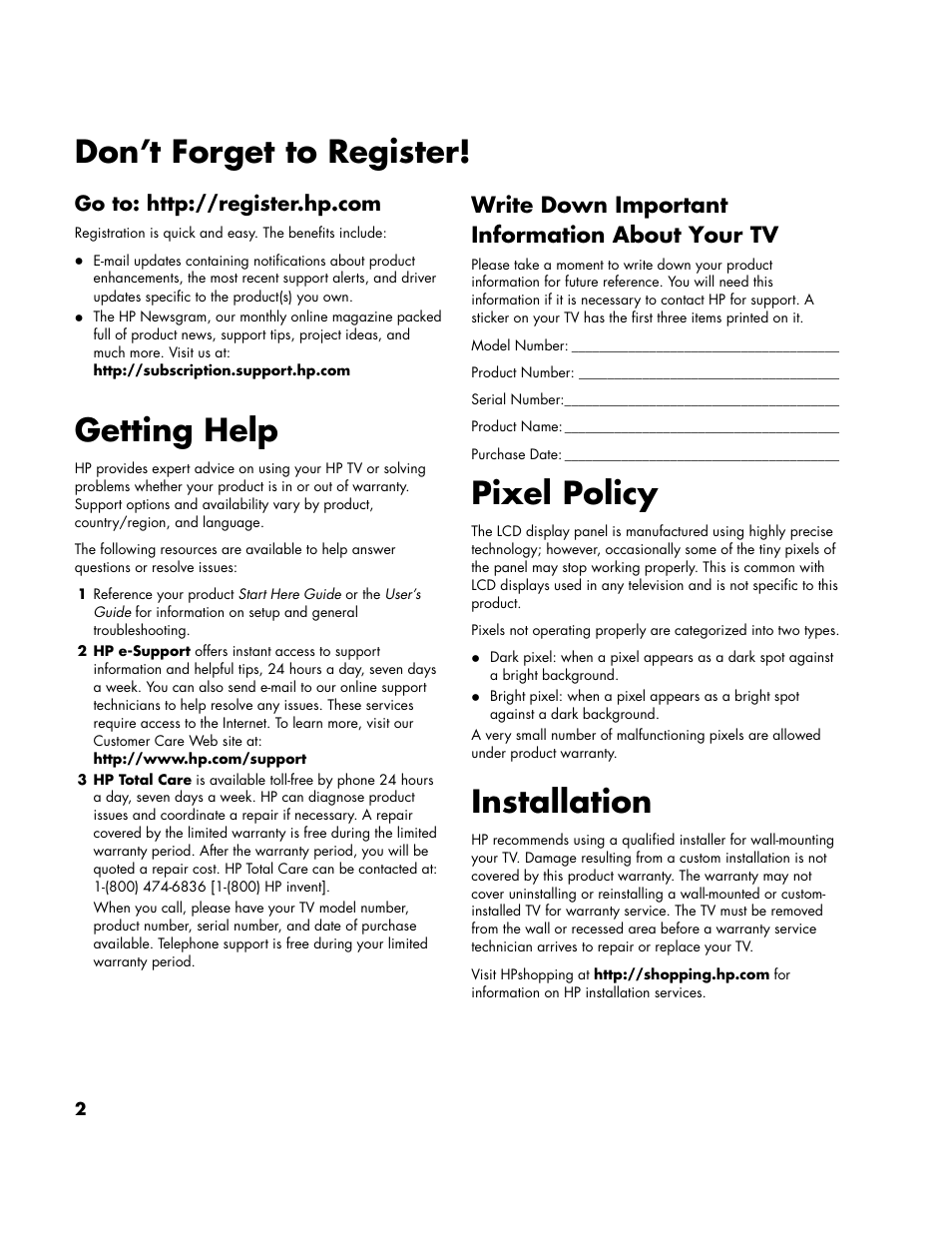 Don’t forget to register, Getting help, Pixel policy | Installation, Write down important information about your tv | HP LC3700N User Manual | Page 113 / 118