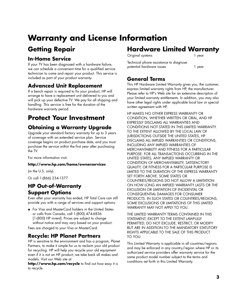 Warranty and license information, Getting repair, Protect your investment | Hardware limited warranty | HP LC3700N User Manual | Page 114 / 118