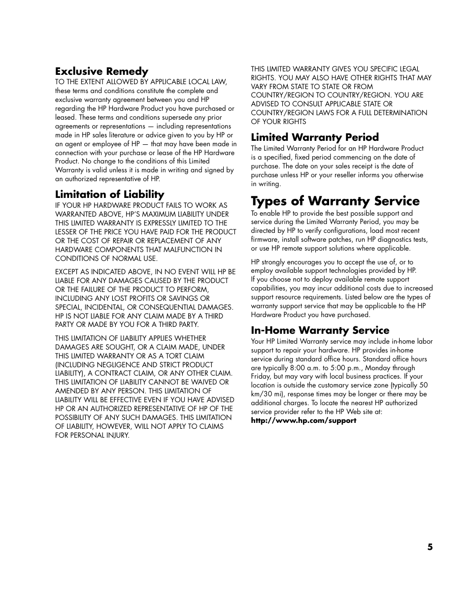 Types of warranty service, Exclusive remedy, Limitation of liability | Limited warranty period, In-home warranty service | HP LC3700N User Manual | Page 116 / 118