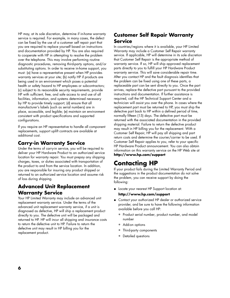 Contacting hp, Carry-in warranty service, Advanced unit replacement warranty service | Customer self repair warranty service | HP LC3700N User Manual | Page 117 / 118