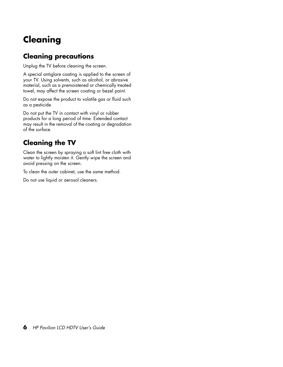 Cleaning, Cleaning precautions, Cleaning the tv | HP LC3700N User Manual | Page 16 / 118