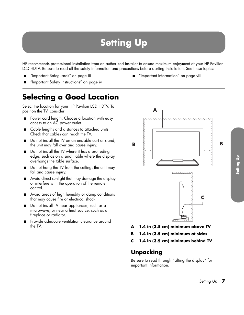 Placement, Selecting a good location, Setting up | Unpacking | HP LC3700N User Manual | Page 17 / 118