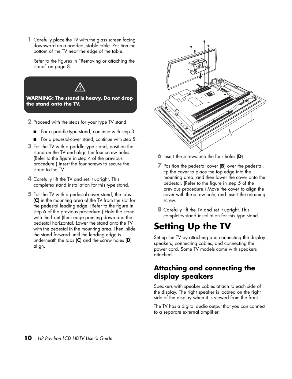 Attaching & connecting the speakers, Connections, Connecting the speakers | Setting up the tv, Attaching and connecting the display speakers | HP LC3700N User Manual | Page 20 / 118