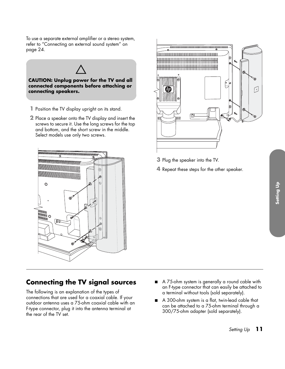 Connecting the tv signal sources | HP LC3700N User Manual | Page 21 / 118