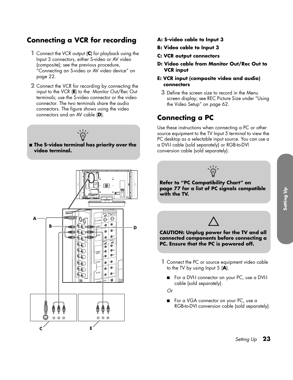 Vcr for recording, Connecting a vcr for recording, Connecting a pc | HP LC3700N User Manual | Page 33 / 118