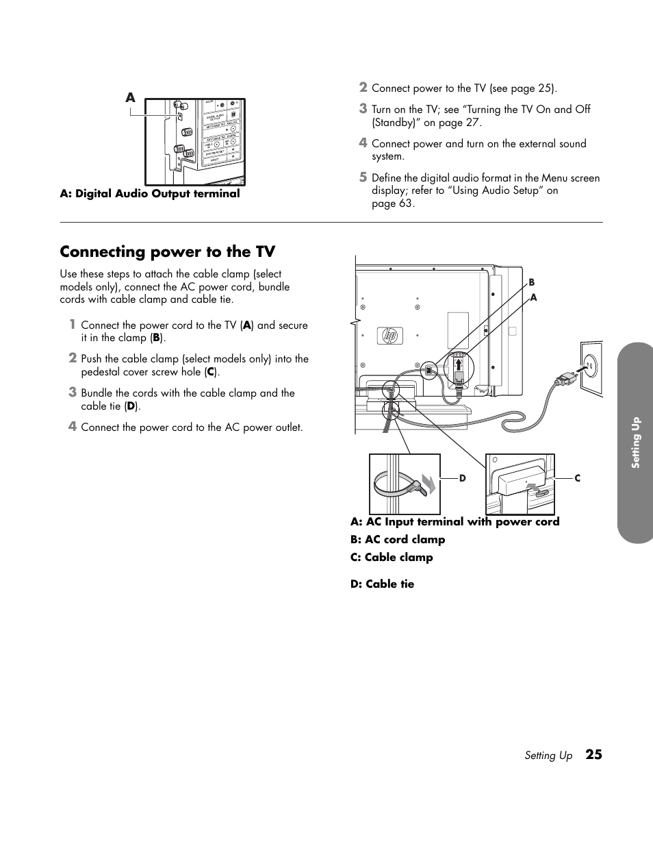 Power cord, Connecting power to the tv | HP LC3700N User Manual | Page 35 / 118