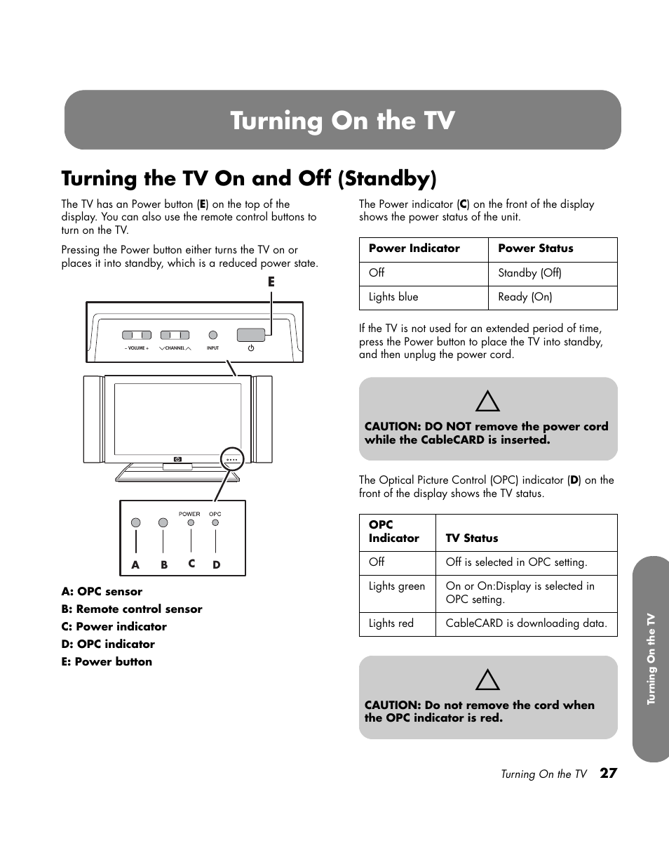 Power on / off, Turning on the tv, Turning the tv on and off (standby) | HP LC3700N User Manual | Page 37 / 118
