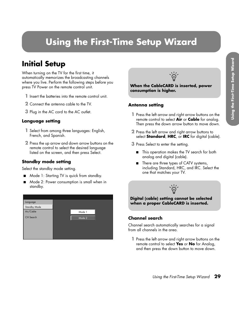 Programming channels, First-time setup wizard, Language | Standby mode, Antenna setting, Using the first-time setup wizard, Initial setup | HP LC3700N User Manual | Page 39 / 118