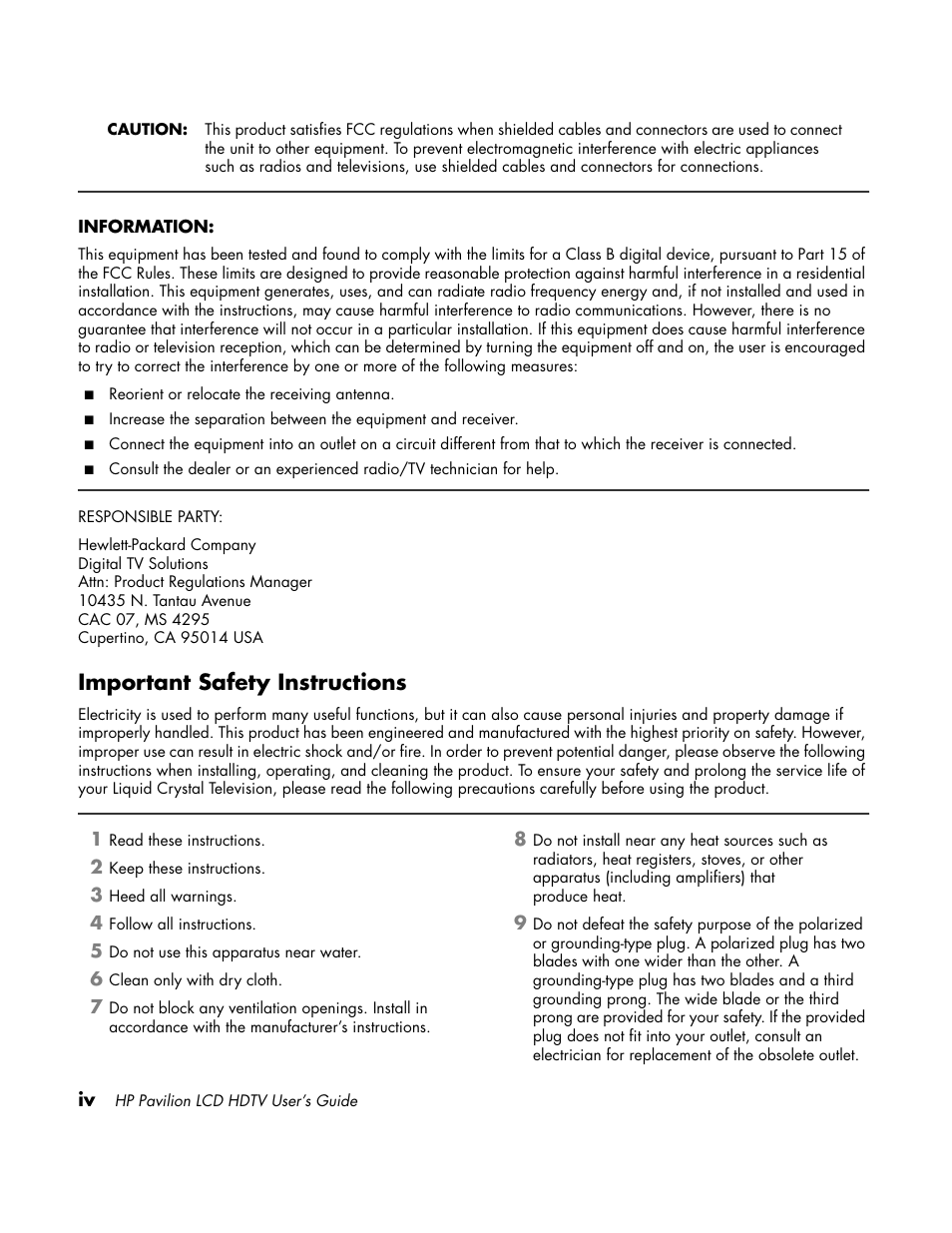 Important safety instructions | HP LC3700N User Manual | Page 4 / 118