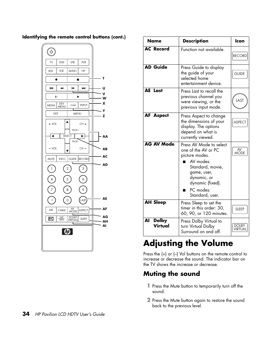 Volume / mute, Adjusting the volume, Muting the sound | HP LC3700N User Manual | Page 44 / 118