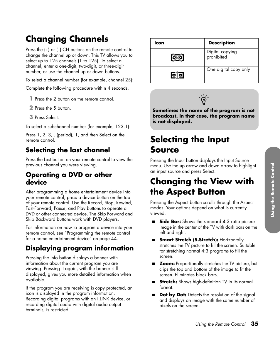 Selecting the input, Changing channels, Changing the view with aspect button | Selecting the input source, Changing the view with the aspect button, Selecting the last channel, Operating a dvd or other device, Displaying program information | HP LC3700N User Manual | Page 45 / 118