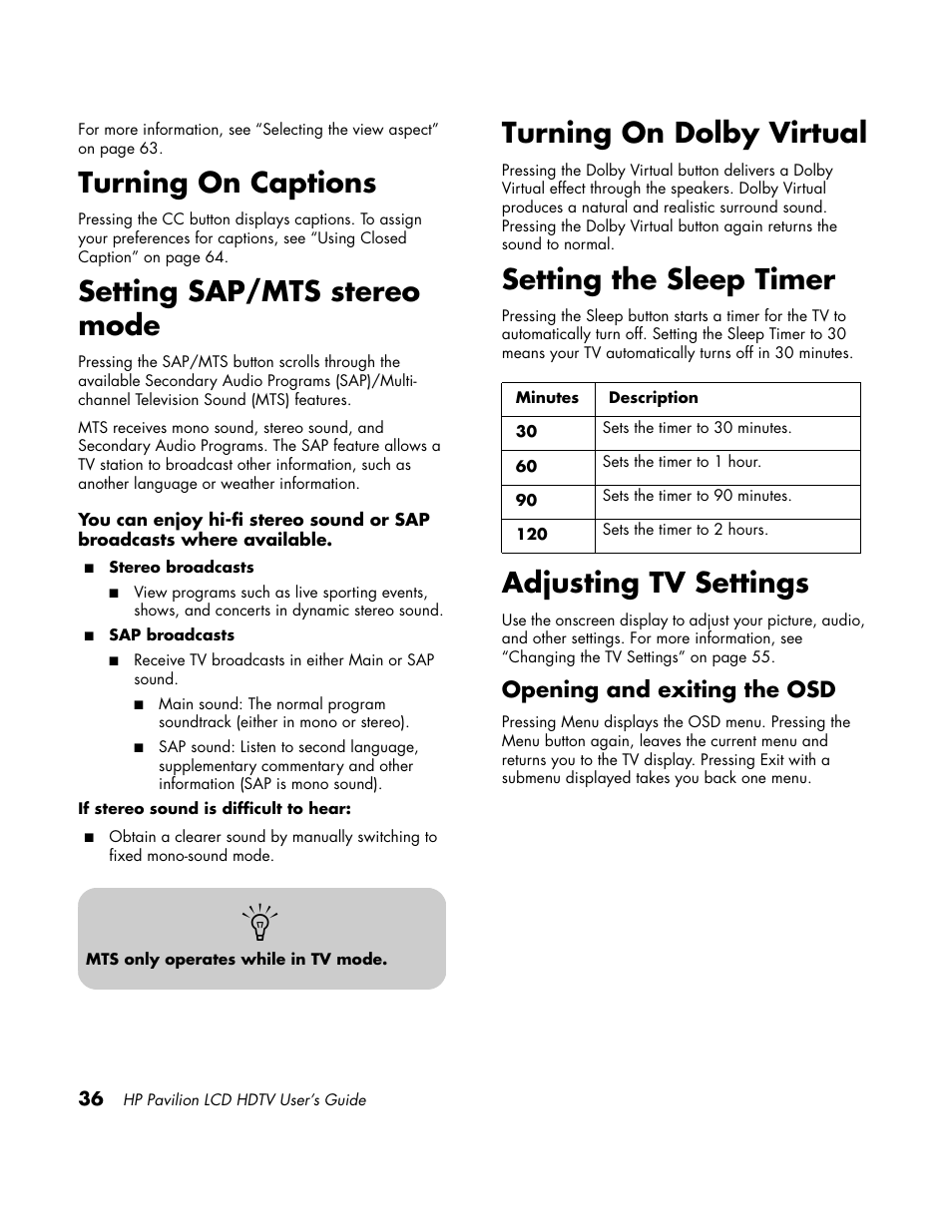 Captions, Sap / mts, Dolby virtual | Sleep timer, Adjusting tv settings, Turning on captions, Setting sap/mts stereo mode, Turning on dolby virtual, Setting the sleep timer, Opening and exiting the osd | HP LC3700N User Manual | Page 46 / 118