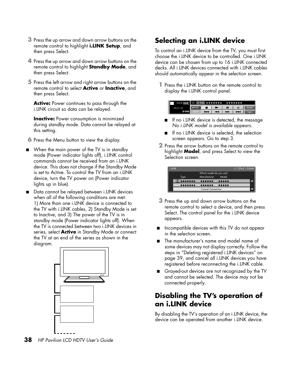 Selecting an i.link device, Disabling the tv’s operation of an i.link device | HP LC3700N User Manual | Page 48 / 118