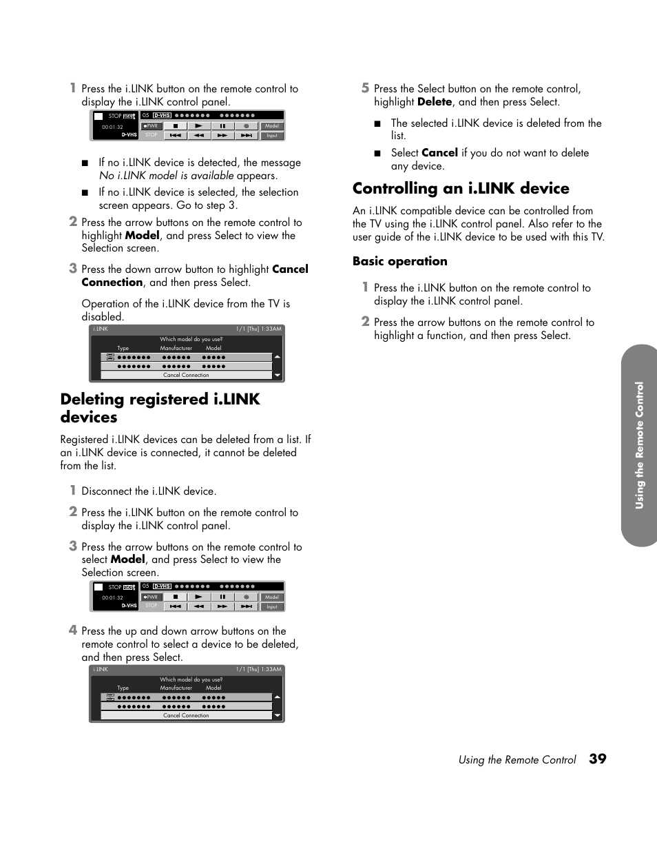 Deleting registered i.link devices, Controlling an i.link device, Basic operation | HP LC3700N User Manual | Page 49 / 118